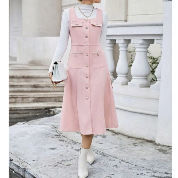 Flap Pocket Button Front Midi Dress  Pink - Picture 1 of 6